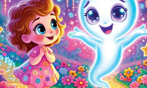 A small glowing ghost named Wisp, with a shimmering translucent body and sparkling joyful eyes, floats happily in a magical garden filled with colorful flowers. He smiles with a friendly expression, his translucent arms reaching out to a little girl. The girl, Lily, 7 years old, has bright blue eyes and curly brown hair. She wears a pink dress with flower patterns and has a look of wonder on her face. She stands on a path made of golden stars, gazing at Wisp in admiration. The garden is enchanting, with candy-colored trees, singing flowers, and crystal waterfalls sparkling under a pastel pink sky. The main scene shows Wisp and Lily discovering the magical heart of the kingdom, with a glowing crystal floating above a small silver pond, surrounded by vibrant flowers that seem to dance to the rhythm of magic.
