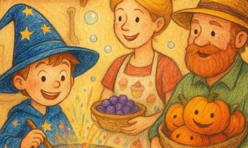Wizzy, a young wizard boy, wears a large starry blue hat and a delighted smile. He is mixing magical ingredients in a cauldron, with colorful sparks flying out. Next to him, Lila, a baker around 30 years old with blonde hair in a bun and a cupcake-patterned apron, offers a basket of giggleberries. Norbert, a farmer in his fifties with a red beard and a straw hat, holds a bag of singing pumpkins. They stand in a warm, bright kitchen with shelves filled with jars with colorful labels and utensils that seem to dance. The main scene shows Wizzy and his friends preparing a magical dish for the Friendly Feast, with floating bubbles and laughter filling the air.