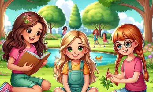 Três meninas, Clara, Sofia e Mariana, com cerca de 10 anos, estão reunidas em um parque ensolarado. Clara, com cabelos castanhos ondulados e um sorriso radiante, segura um livro nas mãos, sentada na grama verde. Sofia, com cabelos loiros trançados e uma camiseta rosa, está em pé ao lado dela, desenhando em um caderno com lápis de cor. Mariana, com cabelos castanhos e óculos, está agachada perto de uma árvore, coletando folhas para seu projeto criativo. O parque está cheio de flores coloridas, grandes árvores com folhas verdes e um céu azul claro com nuvens brancas. Ao longe, há um pequeno lago brilhante sob o sol, onde patos nadam tranquilamente. As três amigas redescobrem sua amizade brincando juntas, sem telas, compartilhando risadas e ideias criativas. A atmosfera é alegre e cheia de vida, ilustrando a importância de passar tempo juntas no mundo real.