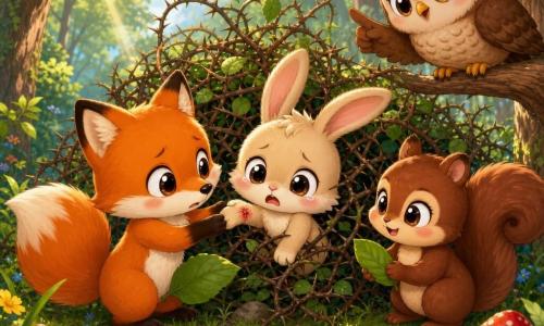 Ein chibi-Fuchs mit leuchtend rötlichem Fell und weißem Bauch, großen runden Augen, besorgtem aber entschlossenem Blick, zieht sanft die Pfote seines Freundes und hält ein großes grünes Blatt als Verband; ein chibi-Hase (Hanno) mit hellbeigen langen Ohren, flauschigem Fell, verängstigtem Gesicht und kleiner Fußverletzung steckt teilweise in einem dichten Dornbusch fest; eine chibi-Eule (Emma) braun mit weisen Augen sitzt auf einem niedrigen Ast rechts, beobachtet besorgt und gibt Anweisungen; ein chibi-Eichhörnchen (Susi) dunkelrot, muntere Augen, steht neben dem Fuchs, hält ein Blatt und bereitet Hilfe vor, lächelnd ermutigend; Ort: sonniger Waldrand mit grünen Wiesen, gelben und blauen Blumen, strukturierten Baumstämmen, Sonnenstrahlen zwischen den Blättern und einigen roten Pilzen; Szene: liebevolle kooperative Rettung — die Freunde befreien gemeinsam den Hasen aus den Ranken und versorgen die kleine Wunde, warme beruhigende Stimmung, leuchtende kontrastreiche Farben, niedliche Details (rosige Wangen, große Köpfe, chibi-Proportionen).