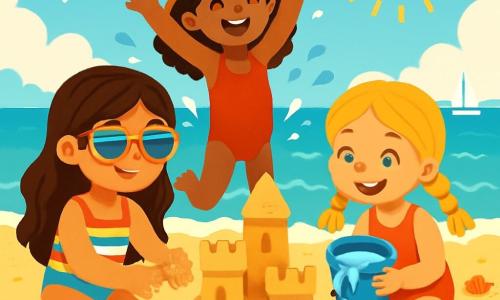 Há 3 personagens: Inès, uma menina de 9 anos com longos cabelos castanhos e óculos de sol coloridos, vestindo um maiô listrado e construindo um castelo de areia com as mãos cheias de grãos dourados; Joana, uma menina de 8 anos com cabelos loiros trançados e um grande sorriso, sentada ao lado de Inès, segurando um balde cheio de água do mar, pronta para despejar no castelo; Mariana, uma menina de 9 anos com cabelos cacheados e um chapéu de palha, em pé atrás delas, com os braços levantados como se estivesse pulando de alegria, com respingos de água ao seu redor. O cenário é uma praia ensolarada com areia fina e dourada, ondas turquesa suavemente quebrando na costa e conchas coloridas espalhadas pelo chão. Ao fundo, veleiros brancos navegam em um oceano cintilante sob o sol radiante. As três amigas estão construindo um enorme castelo de areia, cercadas por baldes e pás coloridas, rindo e se divertindo, criando torres e fossos, enquanto gaivotas voam acima delas, adicionando vida a esta cena alegre e de verão.