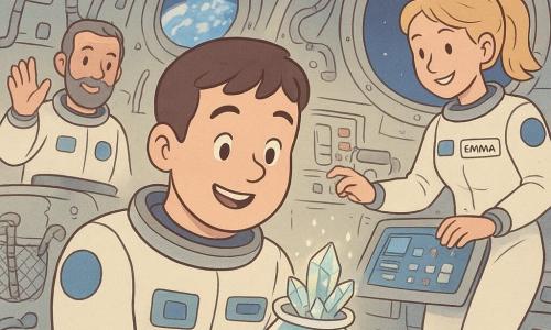 Een mannelijke astronaut, rond de dertig, rond gezicht en kort bruin haar, verwonderd en blij, in een witte ruimtepak met blauwe emblemen, zwevend in het ruimtestation en voorzichtig een klein transparant flesje vasthoudend waarin glinsterende kristallen groeien; naast hem zweeft Emma, rond de dertig, blond paardenstaart, bemoedigende glimlach, tikkend op een touchscreen bij een instrumentenpaneel aan zijn rechterzijde; achter en iets links staat kapitein Tom, ongeveer 45, kort grijze baard, beschermende blik, bij een luchtsluis terwijl hij de scène met een handgebaar gadeslaat; interieur: gebogen metalen wanden, kleurrijke knoppenpanelen, kabels, slangen, riemen en netten met zwevende kleine gereedschappen en een groot rond raam met de blauwe en witte aarde op de achtergrond; sfeer: rustig en magisch, kristallen groeien in gewichtloosheid met vonkjes en reflecties, warme wetenschappelijke sfeer, zachte pastelkleuren, ronde vormen en duidelijk leesbare gezichtsuitdrukkingen.