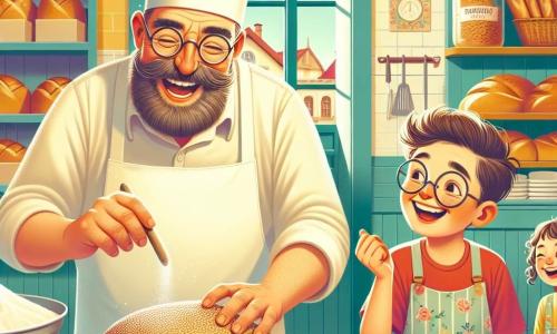 Un panadero alegre, un hombre de mediana edad con barba castaña y gafas redondas, sonríe ampliamente mientras amasa una gran bola de masa en su colorida cocina. Lleva un delantal blanco manchado de harina y un gorro de panadero tradicional. A su lado, una niña de unos 8 años, con cabello rizado y un vestido de flores, ríe mientras añade semillas de sésamo al pan que decoran juntos. Un niño de 7 años, con gafas y una camiseta roja, observa atentamente, sosteniendo un rodillo, listo para ayudar. La escena transcurre en una encantadora panadería, con paredes pintadas de amarillo pastel, estanterías llenas de panes dorados y ventanas que dejan entrar la luz del sol, creando una atmósfera cálida y acogedora. La situación principal muestra al panadero y los niños divirtiéndose juntos mientras preparan un pan especial para un concurso, llenos de alegría y creatividad, mientras la masa sube suavemente sobre la mesa.