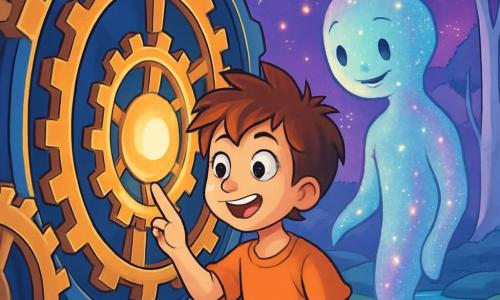 Un niño de 10 años, Lucas, con cabello castaño desordenado y ojos brillantes de curiosidad, se encuentra frente a una máquina gigantesca con engranajes brillantes. Su rostro expresa asombro y emoción mientras toca suavemente una esfera luminosa en el centro de la máquina. A su lado, una entidad luminosa, que representa la conciencia colectiva, flota ligeramente sobre el suelo. Tiene una forma etérea, con colores cambiantes que brillan como estrellas, y parece hablarle con amabilidad. El lugar es un paisaje fantástico, donde árboles de troncos plateados se elevan hacia un cielo violeta salpicado de constelaciones brillantes. Ríos de aguas cristalinas serpentean por el suelo, reflejando la luz de las estrellas y creando una atmósfera mágica. La situación principal muestra a Lucas, maravillado, descubriendo la máquina de los sueños, listo para explorar un mundo donde sus pensamientos cobran vida. El aire está cargado de misterio y aventura, invitando a los niños a imaginar las posibilidades infinitas que les esperan.