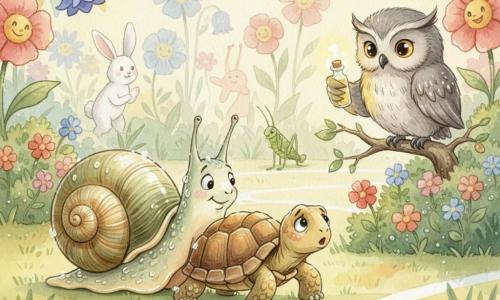 Um caracol bem visível, corpo brilhante e concha espiral creme e verde, expressão determinada e benevolente, sorrindo levemente enquanto empurra suavemente uma pequena tartaruga rumo à linha de chegada; a tartaruga, carapaça castanho-ocre e olhos arredondados e preocupados, está presa num arbusto baixo e mostra surpresa e gratidão. À direita, uma coruja sábia empoleirada num galho baixo, penas cinzentas e olhos dourados, observa orgulhosa segurando uma pequena ampola brilhante nas garras. Ao fundo, animais do jardim (um coelho branco, um gafanhoto verde, flores antropomórficas) aplaudem em silhuetas coloridas. Cena num jardim mágico ao amanhecer: relva com gotas de orvalho, flores grandes e coloridas, bandeirolas de corrida entre galhos e linha de chegada pintada de branco; atmosfera calma e emotiva, tons pastel quentes, estilo aquarela suave com detalhes em caneta gel branca nos reflexos e nas gotas.