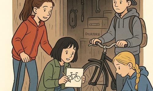 Vier kinderen: Mila (11, klein, zwart carré, kaki jasje, notitieboek en potlood, knielt bij de openslaande schuurtjedeur en toont een schets), Noor (11, lang, bruine paardenstaart, rode jas, staat links van Mila en houdt het gevonden zadel vast), Yara (11, lichte huid, blonde vlecht, blauwe trui, rechts van Mila en raapt een klein groen elastiekje op), Finn (14, tiener, grijze hoodie, pet achterstevoren, rugzak met zichtbare tang, staat achter de fiets in het schuurtje met hand aan het stuur en bekent verlegen). Locatie: klein houten schuurtje met deels open deur, donkere binnenkant met opgehangen gereedschap en dozen, nat aarden vloer met moddersporen en bandafdrukken bij de ingang. Situatie: ze hebben de zwarte gymdocentfiets teruggevonden; Mila toont een verklarende schets, Noor ondersteunt de fiets, Yara heeft het bewijs, Finn bekent; besloten compositie, opgeloste spanning, textuurdetails van hout, metaal en modderspatten.