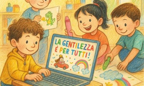 Giulio, sorriso concentrato e capelli castani ricci, batte su una tastiera di un portatile su un tavolino di legno; Sofia, allegra con coda di cavallo nera, disegna con una grande matita rosa una principessa al volante di un'auto rossa; Matteo, curioso, aggiunge una grande nuvola arcobaleno con un pastello verde accovacciato a destra; Alex, timido ma sorridente e biondo, incolla un piccolo drago verde che tiene un fiore giallo, dietro Giulio; la scena è una classe luminosa con poster colorati, scaffali con giochi e vernici e una grande finestra che diffonde luce soffusa; i quattro creano insieme un manifesto colorato intitolato La gentilezza è per tutti! scritto in lettere multicolori con coriandoli e stelle; stile: tratti morbidi a matita colorata, colori vivaci, texture della carta visibile, espressioni benevole e atmosfera calda e inclusiva.