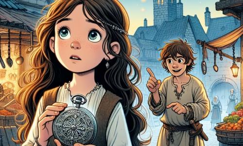 Una ragazza di 12 anni, Sofia, con lunghi capelli castani ondulati e occhi pieni di curiosità, si trova al centro dell'immagine, meravigliata e un po' ansiosa, tenendo un antico orologio da tasca in metallo decorato con motivi misteriosi. Accanto a lei, un ragazzo di nome Tommaso, di circa 13 anni, con capelli corti e disordinati, indossa una tunica medievale in tessuto grezzo e la guarda con un sorriso incoraggiante, mentre punta il dito verso il cielo stellato sopra di loro. Il contesto è un pittoresco villaggio medievale, con case di pietra dai tetti di paglia, lanterne tremolanti e un sentiero di terra battuta. Sullo sfondo si vede una fucina con attrezzi da fabbro appesi alle pareti e bancarelle di mercato colorate, piene di frutta e verdura. La scena principale mostra Sofia e Tommaso, in piedi sul tetto della fucina, che scrutano il cielo notturno pieno di stelle scintillanti, mentre preparano il viaggio nel tempo di Sofia, circondati da un'atmosfera di eccitazione e mistero.