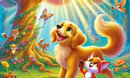 Un cane dorato di nome Leo, con occhi brillanti e un pelo lucido, si trova felicemente ai piedi di un grande albero fiorito, la coda che scodinzola con eccitazione. Accanto a lui, una piccola volpe rossa di nome Violetta, con un pelo vivace e occhi scintillanti, sorride guardando Leo, tenendo un fiore colorato nella zampa. Il contesto è una foresta incantata, con alberi maestosi dai tronchi spessi, foglie verdi brillanti e fiori multicolori che danzano nella leggera brezza. I raggi di sole filtrano tra i rami, creando un'atmosfera magica e accogliente. La scena mostra Leo e Violetta che celebrano la fioritura di un albero maestoso, circondati da animali felici che danzano e cantano, illustrando la magia dell'amicizia e delle buone azioni.