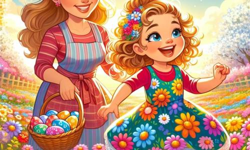Una bambina di 5 anni, di nome Sofia, con capelli biondi e ricci, indossa un vestito colorato a fiori. Ha un grande sorriso sul volto, pieno di gioia ed eccitazione, mentre danza tra fiori multicolori in un campo soleggiato. Sua madre, una donna di circa trent'anni, è vicina, con capelli castani raccolti in uno chignon, indossando un grembiule e un sorriso caloroso. Guarda Sofia con orgoglio, tenendo un grande cesto pieno di uova di Pasqua colorate. Il luogo è un magnifico campo di fiori, illuminato dalla luce dorata del sole, con alberi in fiore sullo sfondo e un cielo blu punteggiato di nuvole bianche. La scena principale mostra Sofia che danza gioiosamente, circondata da fiori vivaci, mentre sua madre la incoraggia e sorride, creando un'atmosfera festosa e piena di vita per celebrare la magia della Pasqua.
