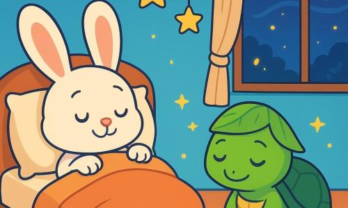 Un pequeño conejo blanco con grandes orejas, llamado Lolo, está acostado en su cama acogedora, con una sonrisa pacífica en su rostro. Sus ojos están entrecerrados y sostiene una suave manta de peluche que lo abriga. A su lado, una tortuga verde con un bonito casco de hojas, Tuga, mira a Lolo con una expresión amistosa y cansada, lista para dormir también. Ella está sentada en el suelo, rodeada de pequeñas estrellas brillantes que flotan a su alrededor. La escena transcurre en una habitación acogedora, con paredes pintadas de azul cielo y estrellas doradas colgadas del techo. Una ventana abierta deja entrar una brisa ligera, y las luciérnagas bailan afuera, añadiendo un toque mágico a la atmósfera. Lolo se prepara para dormir, rodeado de su suave manta y su almohada mullida, mientras Tuga le desea buenas noches, creando un ambiente cálido y reconfortante, propicio para el sueño.