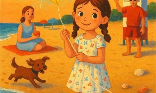 Niña de 6 años feliz y curiosa, cabello castaño en dos trenzas, vestido ligero de flores, sostiene una cometa amarilla con una mano, pies en la arena húmeda, sonrisa tímida y ojos brillantes; a unos pasos, su madre (≈30 años) con el pelo recogido y ropa veraniega clara sostiene una manzana y la mira con afecto desde una toalla; a la derecha, un socorrista (≈40 años) con camiseta roja y gafas de sol saluda junto a un pequeño puesto de socorro rojo y blanco; un perrito marrón corre hacia la izquierda dejando huellas y moviendo la cola; playa amplia de arena dorada, pequeñas olas, parasoles multicolores al fondo y conchas; la cometa sube con brisa suave mientras la luz cálida del atardecer tiñe el agua y las figuras de tonos anaranjados.