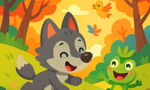 Un pequeño lobo de patas cortas y grandes orejas, con pelaje gris y ojos chispeantes de curiosidad, rueda felizmente por una colina, con una gran sonrisa en su rostro. A su lado, una rana verde con una corona de hojas, que salta de alegría, con los ojos muy abiertos de emoción, está sobre una piedra brillante al borde de un arroyo. Al fondo, un bosque encantado, con árboles de troncos torcidos y hojas multicolores, bañado en una luz dorada del sol poniente. En esta escena, el pequeño lobo tropieza con una piña, provocando una carcajada en la rana, mientras aves coloridas vuelan a su alrededor, sumando a la atmósfera alegre y lúdica.