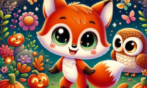 W magicznym ogrodzie Halloween mały rudy lisek o imieniu Felek, z dużymi, błyszczącymi oczami pełnymi ciekawości i radosnym uśmiechem, tańczy wśród kolorowych liści i małych migoczących lampionów. Obok niego mądra sowa o imieniu Zuzia, z miękkim upierzeniem i dużymi okrągłymi oczami, z zachwytem obserwuje, z lekko rozpostartymi skrzydłami, gotowa do lotu. Ogród jest oświetlony przez świecące świetliki, z uśmiechniętymi dyniami i kwiatami w żywych kolorach, tworząc zaczarowaną i radosną atmosferę pod gwiaździstym niebem. Felek i Zuzia wspólnie celebrują magię Halloween, radośnie tańcząc wśród świetlnych dekoracji i śpiewów dyni, pełni ekscytacji i szczęścia.