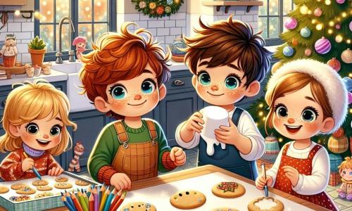 In a cozy kitchen, an 8-year-old boy named Tommy, with messy brown hair and sparkling blue eyes, stands in the center, smiling with hands full of cookie dough. To his right, Lily, a 7-year-old girl with curly blonde hair, happily draws on a large piece of colorful paper, surrounded by multicolored crayons. On the left, Max, an 8-year-old boy with glasses and freckles, laughs while holding a giant marshmallow, ready to build a snowman. Finally, Rosie, a 6-year-old girl with brown hair and a red dress, crouches by the table, decorating cookies with sprinkles and icing. The kitchen is adorned with twinkling lights and a large Christmas tree visible through the window, filled with colorful ornaments and a shining star on top. On the table, a platter of golden cookies and a marshmallow snowman proudly add a festive touch to the atmosphere. The children are busy preparing a Christmas surprise for Tommy's mom, filled with excitement and laughter, creating unforgettable memories together.
