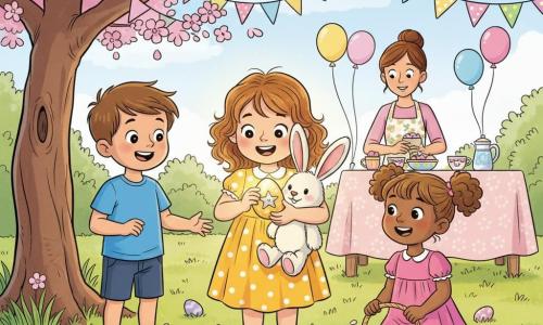A joyful, wide-eyed 4-year-old girl with light brown curly hair in a yellow polka-dot dress delicately opens a small golden egg with a silver star; a white plush rabbit named Fluffy with big pink ears sits on her arm watching curiously; Sam, about 5, with short brown hair and a blue T‑shirt stands to her left reaching to see the egg; Lily, about 4, with blonde braids in a pink dress kneels to the right by a small wicker basket of colorful eggs; their mother, about 30, hair tied back and wearing a floral apron, watches tenderly from the background near a table with small cups and treats; they are in a bright spring garden under a flowering cherry tree with green grass dotted with painted eggs and pastel banners and balloons, the main moment a warm, magical scene as soft golden light streams from the starry egg, faces full of wonder, crisp lines, saturated colors, clear-drawing style with soft outlines suitable for toddlers.