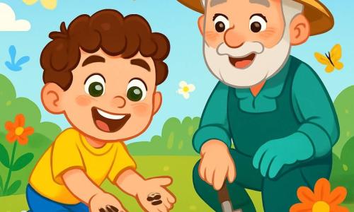 A 6-year-old boy, Oliver, with curly brown hair and sparkling green eyes, joyfully smiles as he plants sunflower seeds in a sunny garden. He wears a bright yellow t-shirt and blue shorts, with his hands covered in soil, showcasing his enthusiasm and curiosity. Next to him, Mr. Green, an elderly man around 60, with a gray beard and a gardener's hat, watches Oliver with a kind smile, holding a small shovel. In the background, the garden is filled with colorful flowers, fluttering butterflies, and a bright blue sky, creating a cheerful and spring-like atmosphere. The scene depicts Oliver planting seeds, surrounded by greenery, symbolizing the start of the spring season.