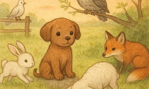 A small dog named Pip with soft brown fur, round bright eyes and a curled tail sits with a paw on a rock, watching a cream-furred white-eared rabbit gently bounding in the grass to his front-left; a grey-and-black owl with amber eyes perches on a low branch above, a russet fox with a white-tipped bushy tail crouches in shadow to the right, a woolly white lamb drinks from a small stream by the dog's paws, and a white dove rests on a wooden fence in the midground; they gather peacefully in a sunset meadow of green grass dotted with yellow flowers, a small pond with water lilies, a few delicate-leaved trees and a pink-orange sky, the scene intimate and warm, showing Pip learning the value of differences with soft contrasts and pastel colors.