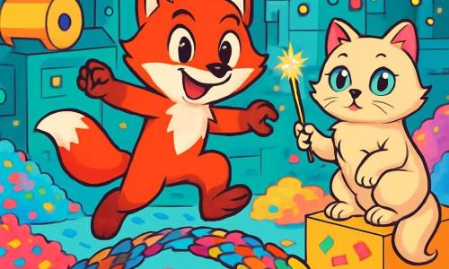 Un vulpian Timi, cu o blană roșie strălucitoare și ochi plini de determinare, stă în mijlocul unei punți colorate din confetti, zâmbind și cu labele în aer, pregătit să facă un pas îndrăzneț. Lângă el, o elegantă pisică persană pe nume Mia, cu blana sa moale și mătăsoasă de culoare crem și ochi verzi strălucitori, îl observă cu un amestec de emoție și îngrijorare, ținând o baghetă magică strălucitoare în labele din față. Decorul este o fabrică de confetti luminoasă, plină de role de hârtie colorată, mașini strălucitoare și munți de confetti împrăștiați pe podea, creând o atmosferă festivă și veselă. Scena îl arată pe Timi pe punctul de a traversa puntea instabilă, în timp ce Mia, așezată pe o cutie lângă el, îl încurajează cu o privire plină de speranță, ilustrând provocarea imposibilă pe care o înfruntă împreună.