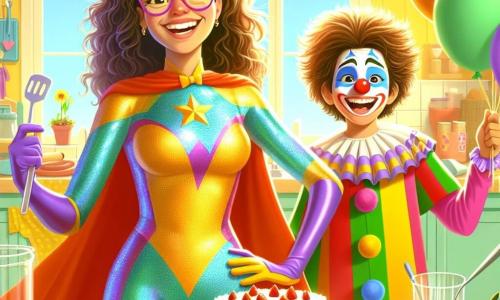 Maria, o supereroină veselă, este o tânără cu părul creț și ochelari colorați. Ea poartă un costum strălucitor în culori vii, cu o pelerină care flutură în spate. Zâmbește larg, ținând o spatulă într-o mână și o farfurie cu prăjituri în cealaltă, pregătită să împărtășească bucuria. Lângă ea se află Pufi, un băiat stângaci de aproximativ 10 ani, îmbrăcat într-un costum de clown colorat, cu un nas roșu și pantofi prea mari. El jonglează cu baloane de săpun, dar pare pe punctul de a se împiedica, ceea ce o face pe Maria să râdă. Scena se desfășoară într-o bucătărie luminoasă și primitoare, cu pereți vopsiți în galben pastel și feronerie care lasă să intre lumina soarelui. Pe masă, sunt ingredientele împrăștiate: făină, fructe și prăjituri proaspăt coapte, emanând o aromă dulce delicioasă. Maria și Pufi se distrează pregătind prăjituri împreună, râzând și creând momente comice, descoperind bucuria prieteniei și a gătitului.