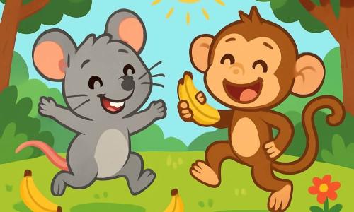 Un șoricel pe nume Rățușel, cu blană gri și ochi jucăuși, sare vesel într-o poiană plină de banane, zâmbind ștrengărește. Lângă el, Maimuțelul Max, o maimuță căprie cu coadă lungă, râde ținând o banană, pregătit să sară la fel de sus. Poiana este înconjurată de copaci verzi, flori colorate și raze de soare care creează o atmosferă veselă. Rățușel și Max se pregătesc pentru o competiție de sărituri, fiecare încercând să-l învingă pe celălalt în râsete și culori.
