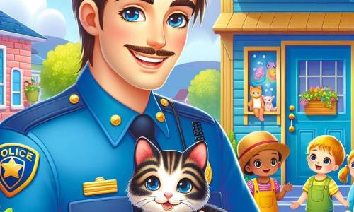 A smiling and confident male police officer named Sam wears a bright blue uniform with a shiny badge. He has brown hair and a thin mustache, holding a tabby cat in his arms, displaying joy and pride. Next to him, a woman in her thirties with long blonde hair, wearing an apron, looks at her cat with relief, her eyes shining with gratitude. The scene takes place in front of a small neighborhood shop with colorful shelves full of toys and candies, under a sunny blue sky. Colorful flowers line the sidewalk, adding cheer to the environment. The main situation shows Sam returning the cat to the woman, who is smiling widely, while curious children approach to watch, their faces lit up with excitement.