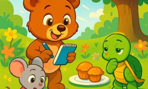 Benny, a brown teddy bear with sparkling eyes and a cheerful smile, stands on his hind legs, holding a small notebook and a magic pen, with an expression of curiosity and excitement on his face. Next to him, Mia, a small gray mouse with big ears and a pink dress, looks intrigued with wide eyes as she points to a trail of blue crumbs on the ground. Toby, a green turtle with a shiny shell, stands a bit back, observing the scene thoughtfully, as if pondering the next step in their investigation. The scene takes place in a sunny garden filled with colorful flowers and lush trees, with a large oak tree in the center, under which sits a plate of muffins. Sunlight filters through the leaves, creating dancing shadows on the grass. Benny and his friends are discovering clues to solve the mystery of a missing muffin, surrounded by a joyful atmosphere of adventure.