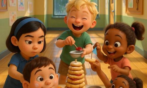 An 8-year-old boy, happy and attentive with a round face and short brown hair dusted with flour, steadies a leaning tower of cookies with both hands; to his left Mina, about 8, with black hair and a blue headband, concentrates as she sprinkles powdered sugar with a spatula; behind the tower Ollie, about 8, blond and tousled, laughs as he presses red jam on a cookie with a spoon; to the right Bea, about 7–8, small and lively with chestnut hair in a ponytail, places a small paper flag on top. The scene is a bright school corridor with a shiny wooden floor and sun patches, drawing boards on the walls, a large rainy window letting in soft light, and a bulletin board with an oven key; the children are crowded around a low table with bowls of dough, spoons, jam pots and a miniature oven nearby, joyful and slightly chaotic with crumbs and flour, vivid colors and soft textures, composition centered on the leaning cookie tower and their helping gestures.