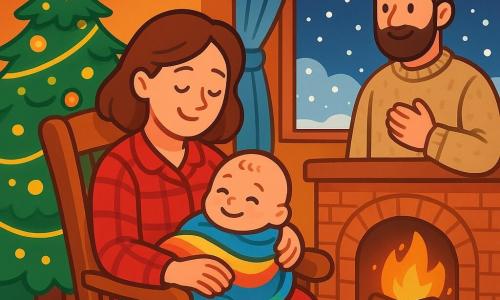 A wooden rocking chair, warm and inviting, gently rocks in a cozy room, with a serene and protective expression. In its arms, a baby with rosy cheeks and sparkling eyes smiles peacefully, wrapped in a soft, colorful blanket. Beside them, a smiling mother with brown hair, dressed in a red flannel dress, gazes tenderly at her child, her eyes shining with happiness. A father, with a soft beard and a wool sweater, stands by the window, admiring the falling snow, a warm smile on his face. The room is decorated with a vibrant green Christmas tree adorned with golden garlands and small twinkling candles, while a soft light emanates from a crackling fireplace. The main scene shows the rocking chair cradling the baby, creating an atmosphere of calm and Christmas magic, as snow blankets the outside world, adding a touch of enchantment to this intimate and warm scene.