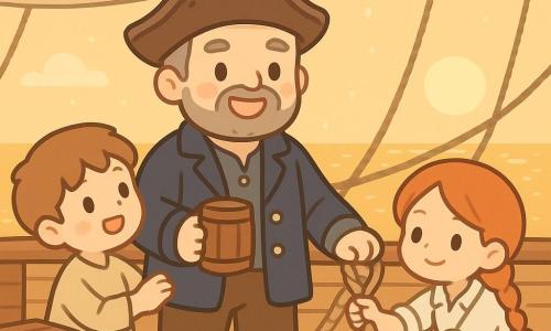 A proud, relieved Captain Finn (weathered face, short gray beard, worn leather hat, navy jacket with gold buttons) stands center on a varnished wooden pirate deck holding a wooden mug and a hand on a rope; to his right First Mate Molly, ~28, energetic and confident with red braided hair and rolled-up sleeves, crouches tightening a complex knot on a beige canvas sail overhead; to his left Tim, ~12, eager with light brown hair and simple clothes, tugs the captain’s sleeve and watches the sail near stacked crates; after the storm the crew celebrates under the intact sail in warm golden sunset light with a calm shimmering sea, dripping water, visible rope knots and plank nails, and a gentle breeze; style: minimal kawaii, rounded shapes, soft colors, clear contrasts, bold lines, exaggerated readable expressions.