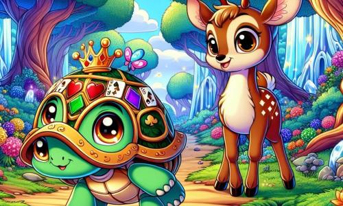 Uma pequena tartaruga chamada Tita, com um bonito capacete decorado com padrões de cartas, avança lentamente, mas com determinação, seus olhos dourados brilhando de curiosidade e excitação. Ao lado dela, uma corça de pelagem marrom claro, com olhos suaves e orelhas atentas, a observa com gratidão, apoiando-se em uma pata, pronta para ajudar. O cenário é uma floresta encantada, onde árvores majestosas com troncos grossos se elevam em direção ao céu, suas folhas verde-esmeralda cintilando sob a luz do sol. Flores coloridas e pedras brilhantes pontilham o solo, enquanto um riacho cristalino serpenteia pela paisagem, refletindo os raios do sol. Tita se dirige ao Vale do Espelho Encantado, onde deve encontrar a lendária Flor Azul, cercada por uma aura mágica, enfrentando desafios e ajudando seus amigos animais.