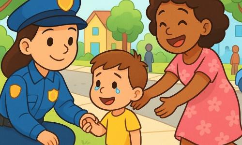 Uma policial sorridente de uniforme azul vivo e boina, ajoelhada e segurando a mão de um menino de 4 anos de cabelos castanho-curtos, calça verde e camiseta amarela, com lágrimas no rosto começando a sorrir; a mãe, cerca de 30 anos, em vestido rosa floral, corre para abraçá‑lo com alívio e alegria; ao fundo, rua ensolarada de bairro com calçada clara, casas em tons pastel, árvores arredondadas, um carro azul estacionado e transeuntes sorridentes à distância, cena calorosa e segura, cores vivas e contornos suaves.