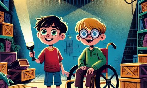 Two seven-year-old boys, Ben and Leo, are at the center of the image. Ben, with messy brown hair and sparkling eyes, holds a flashlight illuminating his curious face. He wears a red t-shirt and blue shorts. Next to him, Leo, a boy with blonde hair and round glasses, sits in his wheelchair, smiling enthusiastically. He wears a green t-shirt and yellow pants. They are in a large dark room filled with boxes and old objects, where shadows dance on the walls. 

The setting is a classroom transformed into a mysterious space for a nighttime adventure, with obscured windows and decorations of shimmering moons and stars. The walls are covered with colorful drawings of fantastical creatures and nighttime landscapes. 

The main scene shows Ben and Leo exploring the dark room, their flashlights casting beams of light that reveal funny shadows and strange shapes, while they laugh and encourage each other to overcome their fear of the dark.