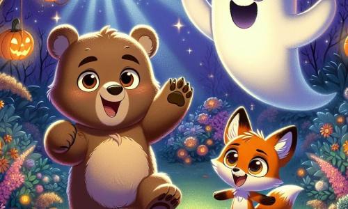 Un giovane orso marrone di nome Bruno, con un pelo morbido e occhi rotondi e curiosi, si trova al centro dell'immagine, mostrando un'espressione di meraviglia ed eccitazione. È circondato da lanterne a forma di zucca che brillano intorno a lui. Alla sua destra, una piccola volpe arancione di nome Lila, con un sorriso malizioso e occhi scintillanti, salta di gioia, pronta a esplorare. A sinistra, un fantasma amichevole di nome Casper, che fluttua nell'aria con un grande sorriso, ha occhi luccicanti e braccia aperte, come se invitasse gli altri a unirsi alla festa. Il decor è un giardino magico, pieno di fiori luminosi e rovi scintillanti, sotto una luna piena che illumina la scena con una luce dolce e misteriosa. Le ombre danzano intorno agli alberi, aggiungendo un tocco di mistero all'atmosfera festosa. Bruno e Lila, meravigliati, scoprono il giardino incantato dei fantasmi, pronti a festeggiare Halloween con il loro nuovo amico, il fantasma Casper, in un'atmosfera gioiosa e magica.
