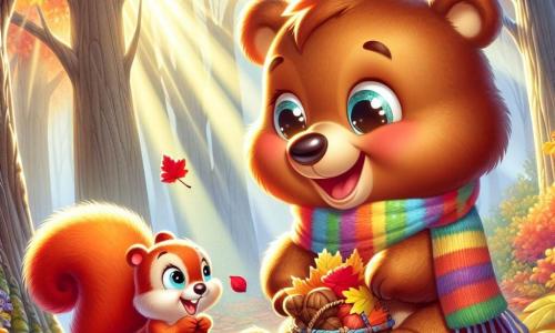 Ein kleiner brauner Bär mit funkelnden Augen und einem fröhlichen Lächeln, der einen bunten Schal trägt, sammelt leuchtend bunte Herbstblätter und hat einen staunenden Gesichtsausdruck. Neben ihm schaut ein schelmisches Eichhörnchen mit rotem Fell und buschigem Schwanz, das einen kleinen Korb voller Nüsse hält, den kleinen Bären mit einem verschwörerischen und begeisterten Blick an. Die Szene spielt in einem verzauberten Wald, wo majestätische Bäume mit goldenen, roten und orangefarbenen Blättern bedeckt sind und der Boden mit einem Teppich aus knusprigen Blättern ausgelegt ist. Sonnenstrahlen filtern durch die Äste und schaffen eine warme und einladende Atmosphäre. In dieser Illustration haben der kleine Bär und das Eichhörnchen Spaß daran, bunte Blätter zu sammeln und lachen dabei, während sie die Schönheit des Herbstes und ihre Freundschaft genießen.