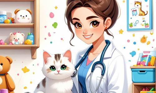 La scena si svolge in una clinica veterinaria luminosa e accogliente, con pareti decorate da disegni di animali colorati e giocattoli sparsi sul pavimento. Al centro, la dottoressa Sofia, una donna di circa trent'anni con i capelli castani raccolti in uno chignon, indossa un camice bianco e un sorriso caloroso. Sta accarezzando un piccolo gatto bianco di nome Fiocco, mostrando un'espressione di dolcezza e compassione. Accanto a lei, una bambina di circa 8 anni, Anna, con trecce bionde e un vestito rosa, osserva con meraviglia, tenendo un quaderno da disegno. Un ragazzo di 7 anni, Luca, con i capelli castani e una maglietta con un dinosauro, si trova un po' in disparte, affascinato dalla scena. La clinica è piena di luce naturale grazie a grandi finestre, e piante verdi aggiungono vita all'ambiente. La situazione principale mostra Sofia mentre esamina Fiocco, mentre Anna e Luca guardano con curiosità, catturati dalla cura e dall'amore che la veterinaria dedica all'animale.