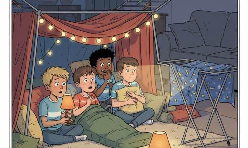 Vier jongens van ongeveer 9 jaar in een woonkamer-blanketfort: Milan — kort bruin haar, blauw gestreept pyjamaatje, liggend op de voorgrond in een groen slaapzakje, grote bezorgde ogen, fluistert naar de lamp; Sem — warrig blond haar, rood T-shirt, knieën opgetrokken links van Milan, houdt een klein oranje nachtlampje dat het knisperende punt van de droogrekbedekking verlicht met geconcentreerde maar geruststellende blik; Joep — bruin kapsel, grijze trui, zit rechts in een rolstoel met een kussen, kalme oplettendheid; Rafi — zwart warrig haar, geel T‑shirt, half achter Milan zittend met hand voor de mond alsof hij een zenuwachtige lach onderdrukt. De kamer is een beige zacht tapijt, grijze bank achteraan, gekleurde dekens over een piepend metalen droogrek, gestapelde kussens en een zachte lichtslinger; nachtelijke, warme maar licht dramatische sfeer met lange schaduwen, warme kleuren (oranje, rood, nachtelijk blauw) en een duidelijk frans-belgische stripstijl.