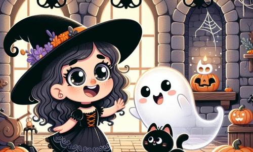 Una bambina di 4 anni, Luna, con grandi occhi scintillanti e capelli ricci, indossa un costume di streghetta nero con un cappello a punta. Sorride con meraviglia, tenendo tra le braccia un piccolo gattino nero di nome Leo, che guarda intorno con curiosità. Il fantasma della casa, uno spirito amichevole con un volto sorridente e una silhouette traslucida, fluttua gioiosamente accanto a loro, pronto a giocare. La scena si svolge all'interno di una vecchia casa misteriosa, con muri di pietra, ragnatele negli angoli e luci soffuse che creano un'atmosfera magica. Luna e Leo stanno giocando a nascondino con il fantasma, ridendo e divertendosi in questa casa incantata, dove l'amicizia e la magia di Halloween prendono vita.