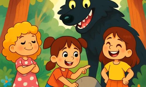 Ci sono 4 personaggi: - Marta: una ragazza di 8 anni con capelli ricci e dorati, che indossa un vestito rosa a pois bianchi. È a sinistra, con le braccia incrociate e un grande sorriso coraggioso. - Lucia: una ragazza di 7 anni con lentiggini e capelli castani raccolti in due codini. È al centro, mentre indica con curiosità una grande pietra. - Beatrice: una ragazza di 8 anni con capelli castani e occhi brillanti. È a destra, ridendo gioiosamente, con le mani sui fianchi. - Il Grande Lupo: un lupo nero imponente con occhi brillanti e denti bianchi. È dietro le ragazze, leggermente inclinato in avanti, con un'espressione sorpresa e curiosa. La scena si svolge in una radura incantata nel grande bosco, circondata da alberi maestosi con tronchi spessi e foglie verdi brillanti. Fiori colorati con petali azzurri e dorati punteggiano il terreno, mentre un dolce raggio di sole filtra attraverso il fogliame, illuminando la scena con una luce calda. I quattro personaggi stanno scoprendo il segreto del bosco, con il lupo che sembra esitante ma intrigato dalla gentilezza delle ragazze. I bambini mostrano espressioni di gioia e curiosità, mentre il lupo, sebbene grande e un po' spaventoso, ha un volto amichevole e curioso.