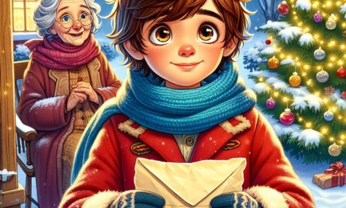 Un niño de 11 años, Lucas, con cabello castaño y ojos llenos de curiosidad, se encuentra en el centro de la imagen, sosteniendo una carta amarillenta. Su rostro expresa emoción y asombro, vestido con un abrigo rojo brillante y una bufanda de lana azul. A su lado, su hermana pequeña Clara, de 7 años, con cabello rizado y una sonrisa radiante, lo observa con admiración, impaciente por conocer su aventura. En el fondo, su abuela, una mujer mayor con cabello plateado y gafas redondas, sonríe tiernamente, sentada en una silla de madera, rodeada de decoraciones navideñas brillantes. La escena tiene lugar en un jardín nevado, con la nieve cubriendo el suelo como un suave manto blanco. Luces brillantes adornan los árboles y un gran árbol de Navidad, decorado con bolas de colores y estrellas doradas, se erige majestuosamente junto a la casa de ladrillos rojos. Lucas, con una mirada decidida, está listo para aventurarse a entregar la carta a Papá Noel, mientras Clara y su abuela lo animan con sonrisas cálidas, creando una atmósfera mágica y alegre de Navidad.