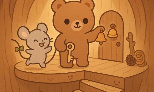 Un oso de peluche vivo llamado Berto de pelaje marrón cálido, ojos redondos brillantes y sonrisa serena, sostiene una pequeña llave metálica con un grabado de escalera y está en la última amplia peldaño; junto a él, una ratoncita gris llamada Lila con un diminuto lazo verde en la cola, postura saltarina y alegre, sostiene una cuerda en el rellano mirando la claraboya; una escalera de madera en espiral, vetas visibles y peldaños distintos, algunos con pequeños rostros tallados y el tercer peldaño con “clac” grabado y virutas doradas; el lugar es el interior de un viejo tronco de roble convertido en casa, paredes curvas en anillos de madera, una claraboya redonda que deja entrar un rayo de luz dorada y herramientas simples (piña y cuerda) en un rincón; los amigos acaban de alcanzar la claraboya, la ratoncita ofrece la llave a una puerta en miniatura y el oso toca una pequeña campana hecha de cáscara de bellota; escena de celebración tranquila, luz cálida, composición centrada, paleta suave (marrones, verdes tenues, amarillos cálidos), estilo kawaii minimalista, trazos limpios y formas redondeadas, atmósfera de aventura reconfortante.