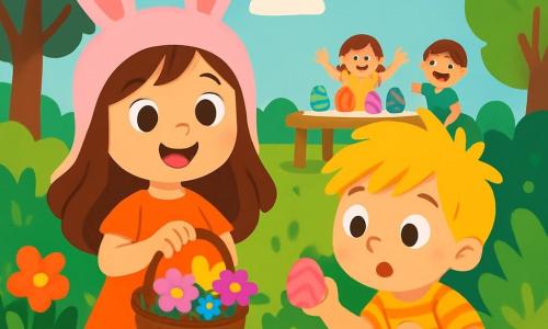 Una niña de 4 años, llamada Sofía, con largos cabellos castaños y ojos llenos de curiosidad, lleva un bonito sombrero de conejito rosa y sostiene una canastita llena de flores coloridas. Sonríe con emoción. Junto a ella, un niño de 5 años, su amigo Lucas, con cabello rubio desordenado y una camisa a rayas, busca huevos escondidos en el jardín, sorprendido. El jardín está lleno de flores brillantes, arbustos verdes y árboles majestuosos, bajo un cielo azul claro con nubes blancas. En el centro, una mesa decorada con huevos pintados de colores vivos está rodeada de niños alegres. Sofía y Lucas están en busca de los huevos de Pascua perdidos, siguiendo una pista misteriosa a través de las flores y risas.