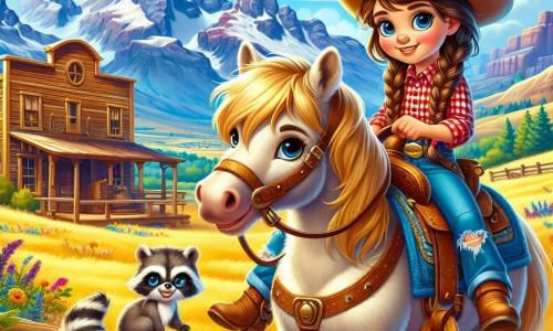 Ein junges Cowgirl, Lilly, etwa 10 Jahre alt, sitzt auf ihrem Pferd, einem wunderschönen Pony namens Sternchen. Sie hat lange, geflochtene braune Haare, ein entschlossenes Lächeln und neugierige, funkelnde Augen. Sie trägt einen beigen Cowboyhut, ein rotes kariertes Hemd und zerrissene Jeans und hält die Zügel ihres Pferdes fest in der Hand. Neben ihr steht ihr bester Freund Ben, ein kleiner, schelmischer Waschbär, der auf dem Rücken von Sternchen sitzt und einen schelmischen Gesichtsausdruck hat. Die Szene spielt in einer goldenen Wiese, die mit bunten Wildblumen übersät ist, unter einem strahlend blauen Himmel. In der Ferne sind majestätische Berge und ein alter Holzsaloon zu sehen, dessen Farbe abblättert. Lilly und Ben schauen aufmerksam um sich, bereit, sich auf das Abenteuer zu begeben, um das gestohlene wertvolle Hufeisen zu finden. Die Atmosphäre ist voller Aufregung und Geheimnis, während sie sich darauf vorbereiten, das Rätsel zu lösen, das über ihrer kleinen Stadt schwebt.