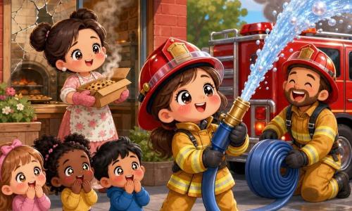 A smiling, brave female firefighter with a round face, rosy cheeks, shiny red helmet and yellow jacket with reflective stripes holds a large blue hose spraying a sparkling arc of water and looks determinedly at the smoke; beside her to the right Max, an adult male firefighter with a light beard in a matching uniform, laughs as he helps unroll the hose near a shiny red truck; Mrs. Baker, an adult baker with her hair in a bun and a floral apron, stands relieved in front of her bakery’s cracked window holding a steaming box of cookies; three children (two girls and a boy, about six) stand to the left on the sidewalk with hands over their mouths and wide, starry eyes admiring the scene; the setting is a small red-brick bakery with a striped red-and-white awning, crumbs and a tray of cookies on an outdoor table and light gray smoke rising from the oven; the firefighter wets the invisible flames near the oven with water drops that glitter like pearls while the red truck flashes behind, everyone smiling in a safe, warm atmosphere.