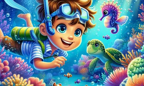 Um menino de 6 anos, Lucas, com cabelo castanho bagunçado e olhos brilhantes de curiosidade, nada alegremente em uma água cristalina, usando uma máscara de mergulho azul e um snorkel. Ele sorri amplamente, maravilhado com as belezas submarinas ao seu redor. Ao seu lado, um pequeno cavalo-marinho chamado Zeca, com cores vibrantes e nadadeiras delicadas, flutua alegremente, mostrando a Lucas o caminho para um jardim de corais. Um pouco mais longe, uma grande tartaruga marinha, Tita, com uma carapaça verde e olhos suaves, os observa com benevolência, pronta para guiá-los em sua aventura. O local é um lindo jardim submarino, repleto de corais coloridos em forma de flores, peixes multicoloridos dançando ao redor deles e raios de luz filtrando pela superfície da água, criando uma atmosfera mágica. A cena principal mostra Lucas, Zeca e Tita explorando juntos este mundo fascinante, descobrindo tesouros escondidos e se divertindo entre as criaturas marinhas.