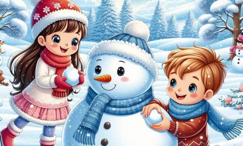 Em uma paisagem de inverno, três crianças brincam na neve. Ana, uma menina de 8 anos com longos cabelos castanhos e um gorro vermelho, sorri segurando uma bola de neve. Ao lado dela, Pedro, um garoto de 9 anos com cabelos loiros bagunçados e um cachecol azul, rola uma grande bola de neve para o corpo do boneco de neve. Um pouco mais adiante, Luísa, uma menina de 7 anos com cabelos negros e bochechas rosadas, procura pedras para os olhos do boneco de neve. O cenário é encantador: um vasto campo coberto por uma espessa camada de neve brilhante sob o sol de inverno, com árvores cujos galhos estão carregados de neve e um céu azul claro. As crianças riem e se divertem, construindo juntas um boneco de neve, dando-lhe vida com uma cenoura para o nariz e pedrinhas para os olhos, simbolizando a alegria e a amizade no inverno.