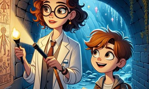 Clara, uma jovem com cabelos castanhos e cacheados, usa um jaleco de cientista e óculos. Ela demonstra grande curiosidade e admiração enquanto segura uma lanterna, iluminando desenhos antigos nas paredes dos túneis. Ao seu lado, Léo, um garoto de dez anos com cabelos loiros bagunçados e um sorriso travesso, observa atentamente as imagens, com os olhos brilhando de excitação. O ambiente é um túnel escuro e misterioso, com paredes de pedra cobertas de hera, onde cristais coloridos brilham como estrelas na penumbra. A cena transmite uma atmosfera de aventura e descoberta, enquanto Clara e Léo exploram este lugar secreto, prontos para revelar os mistérios escondidos de sua cidade.