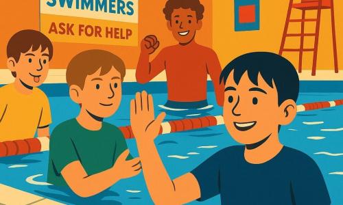 Four 12-year-old boys in an indoor public pool: Malik, short wet black hair, navy swimsuit, relieved proud expression, right hand on the tiled wall of the deep pool at the back right, body still in the water; Jonah, light brown hair, calm smiling face, green swimsuit, slightly left of Malik in the water, looking at Malik with a raised hand of encouragement; Hugo, curly brown hair, confident wide smile, red swimsuit, standing in the water behind Malik, fist tapping the surface in a small celebratory gesture; Theo, straight brown hair, playful encouraging expression, yellow swimsuit, at the far left near the shore making a funny face. Vivid blue water with white highlights, black lane lines, wet cream tiles, red-and-white lane ropes, a red lifeguard chair high at the back, colorful posters on the wall reading “SAFE SWIMMERS ASK FOR HELP,” halogen lights reflecting on the water. Main scene: a calm triumphant moment as Malik reaches the deep pool wall supported by his three friends — modest victory mood, bold contrasting colors, simple rounded features, flat color composition, clear warm expressions.