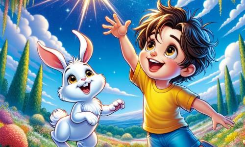 A 6-year-old boy named Leo, with messy brown hair and sparkling curious eyes, stands in the center of the image. He wears a bright yellow t-shirt and blue shorts, displaying a big smile of wonder as he looks at a twinkling star in the sky. Next to him is his best friend, Bella, a small white rabbit with big ears, joyfully hopping with excitement in her bright eyes. The setting is a beautiful garden filled with colorful flowers under a clear blue sky dotted with fluffy clouds. In the distance, majestic trees sway gently in the wind. The main scene shows Leo and Bella raising their arms towards the sky, amazed by the beauty of the intensely shining star above them, symbolizing their quest for happiness and truth.