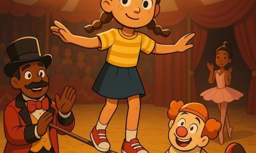 Lily, a timid 10-year-old with light brown braided hair blowing and wide eyes, nervously takes her first step on a shining tightrope with arms outstretched; to the left Mr. Bumbles, a mustached 50-year-old ringmaster in a big red bow tie, smiles and raises his hand encouragingly, while to the right Chuckles, a 30-year-old clown with a red nose and oversized shoes, performs a comic tumble watching Lily, and behind her Miss Twinkletoes, a 25-year-old ballerina in a pink tutu, stands poised on tiptoe ready to applaud, all under the red-and-white big top with warm lights, amber straw, red velvet curtains and a blurred colorful audience, creating a joyful, slightly wobbly moment with vivid colors, strong contrasts and soft cel-shaded textures.